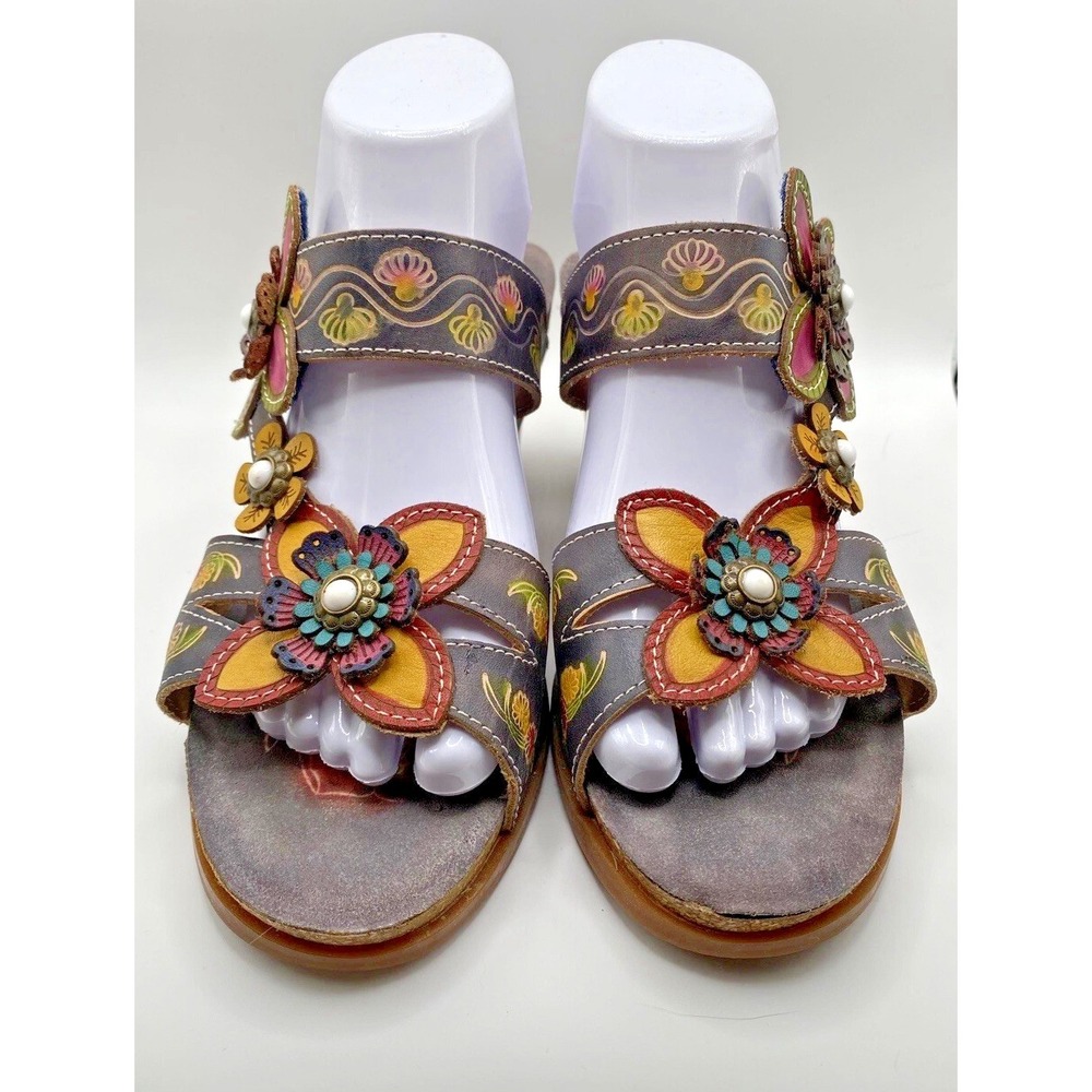 L'Artiste Spring Step HAVERB-NM Boho Floral Leather Block Heel Sandals Sz 10/41 - Picture 1 of 10